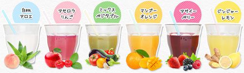 セブンデイズカラースムージーの6種のグラスが並んでいる